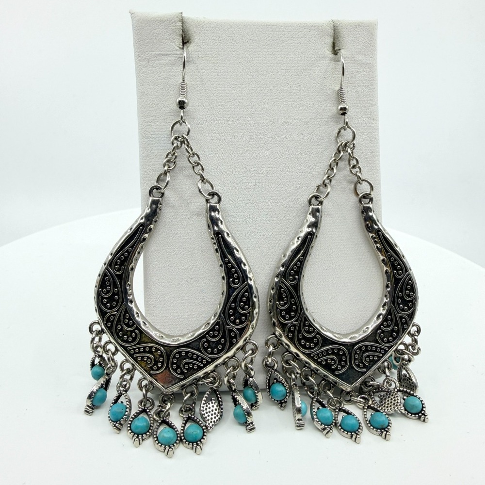 Vintage Boho Silver & Turquoise Chandelier Dangle Statement Earrings